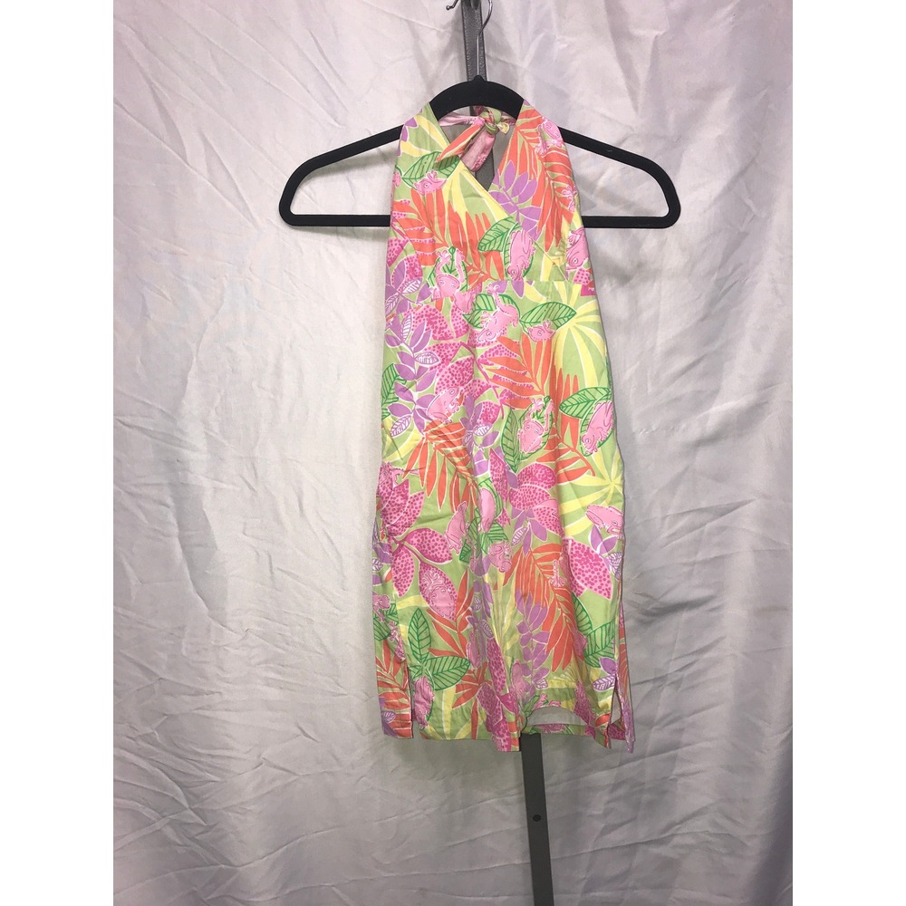 Lilly Pulitzer Girls Pink Green Tropical Frog Print Halter Dress Size 12 Cotton